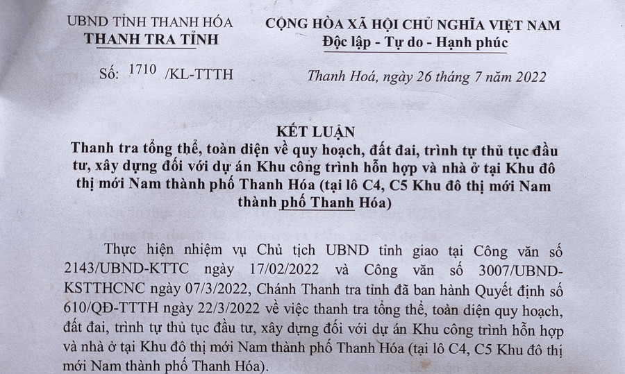 Kết luận của Thanh tra tỉnh Thanh Hóa.