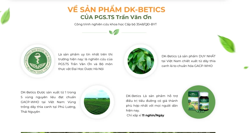 Một số trang web bán hàng cho rằng, DK-Betics là sản phẩm uy tín nhất, giá thành hợp lý nhất, là sản phẩm duy nhất chiết xuất từ cây thìa canh lá to tại Việt Nam.