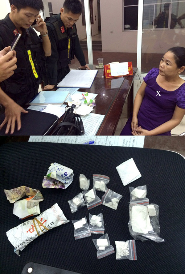 Đối tượng Loan (x) cùng tang vật tại Cơ quan Công an.