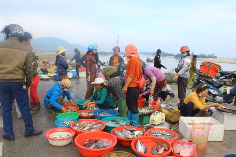 Thuyền vừa cập bờ, người mua kẻ bán chen chúc nhau tại âu thuyền Thịnh Lộc.