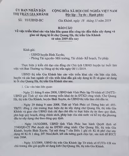 Báo cáo của UBND thị trấn Gia Khánh liệt kê các văn bản về xây dựng chợ và ki ốt.