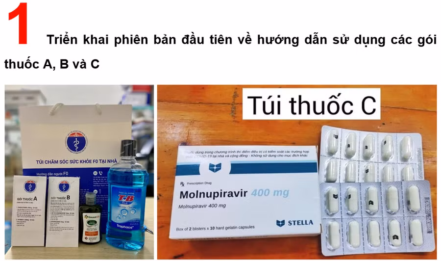 Gói thuốc A-B và C dành cho F0 cách ly tại nhà.