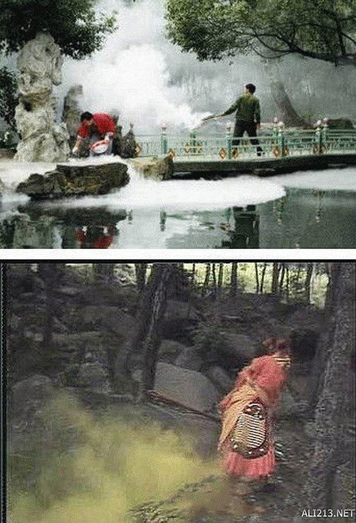 Nhân viên rắc bột trắng, bột vàng trước khi vào quay để tạo sương khói mịt mờ.