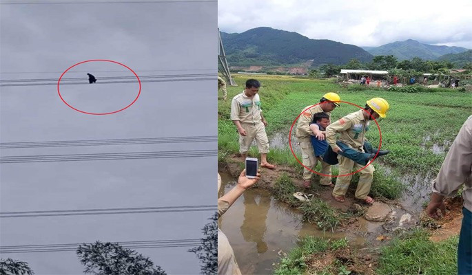 Toát mồ hôi hột phút giải cứu nam thanh niên vắt vẻo trên đường điện cao thế gần 100m
