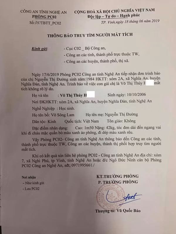 Công an phát thông báo truy tìm cháu H. mất tích.