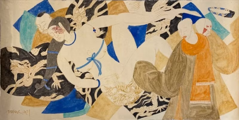 “Nàng ấy 2021” - màu tự nhiên trên giấy dó, kích thước 60 x 120cm.