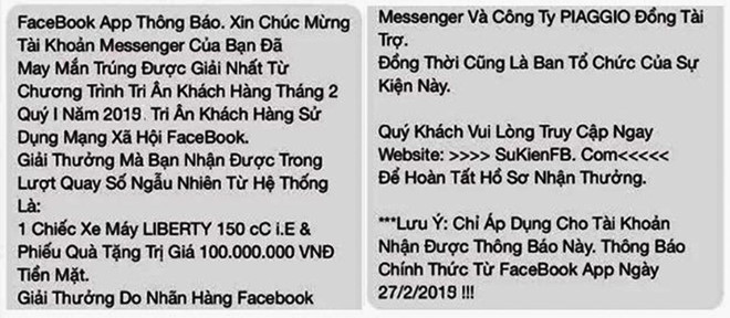 Tin nhắn thông báo trúng thưởng của nhóm người lừa đảo.