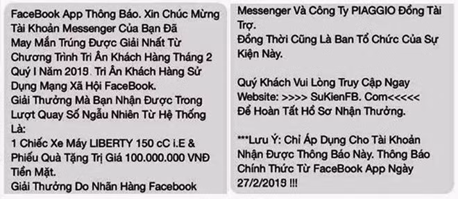 Tin nhắn thông báo trúng thưởng của nhóm người lừa đảo.