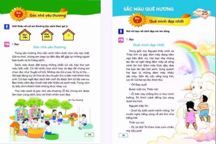 Ảnh chụp 2 tác phẩm: “Góc nhỏ yêu thương” và “Quê mình đẹp lắm” của Võ Thu Hương trong sách “Tiếng Việt 2” của bộ sách Chân trời sáng tạo (NXB Giáo dục Việt Nam, 2021).