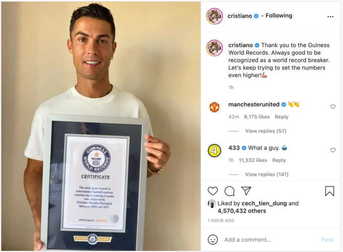 Ronaldo "khoe" chứng nhận Cầu thủ nam ghi nhiều bàn nhất trong một màu áo đội tuyển quốc gia.