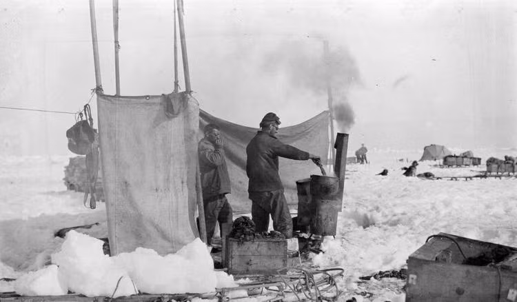 Thành viên đoàn thám hiểm dựng trại nấu ăn trên băng.