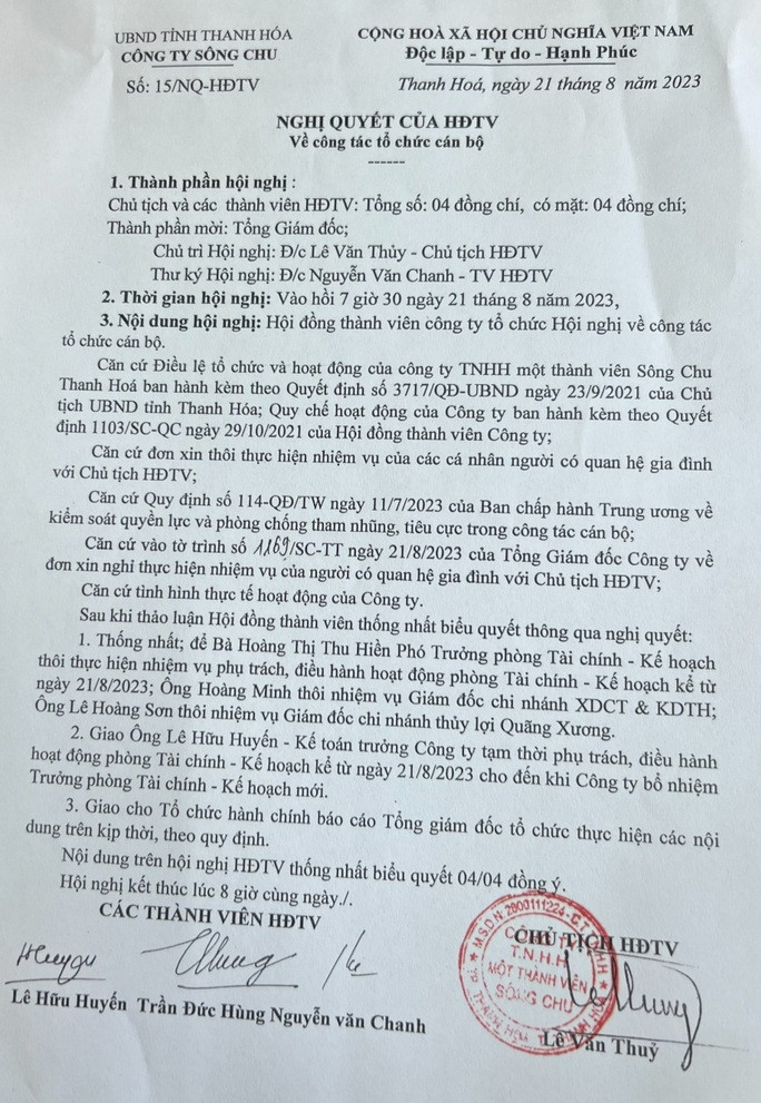Nghị quyết cho thôi nhiệm vụ đối với vợ, con trai, và em ruột vợ ông Lê Văn Thủy, Chủ tịch HĐTV Công ty TNHH MTV Sông Chu. Nghị quyết cho thôi nhiệm vụ đối với vợ, con trai, và em ruột vợ ông Lê Văn Thủy, Chủ tịch HĐTV Công ty TNHH MTV Sông Chu.