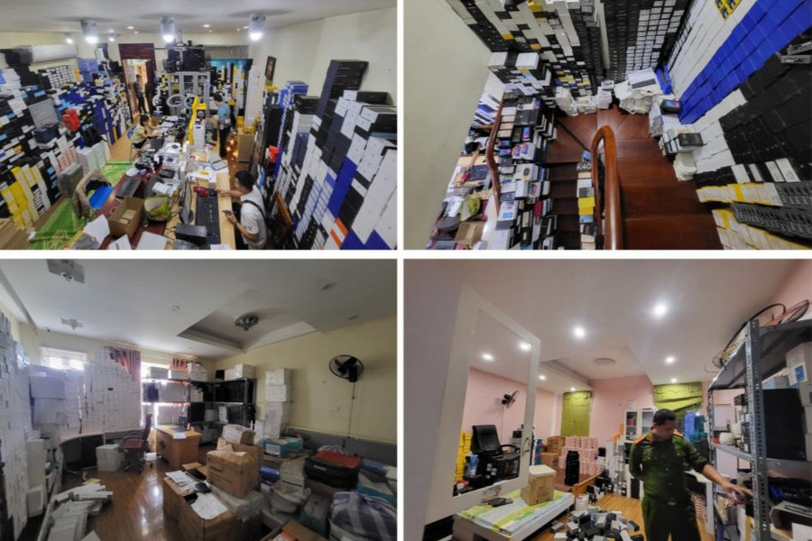 Hàng ngàn điện thoại giả, hàng kém chất lượng và các phụ kiện bị lực lượng chức năng thu giữ. (Ảnh: CACC) Hàng ngàn điện thoại giả, hàng kém chất lượng và các phụ kiện bị lực lượng chức năng thu giữ. (Ảnh: CACC)