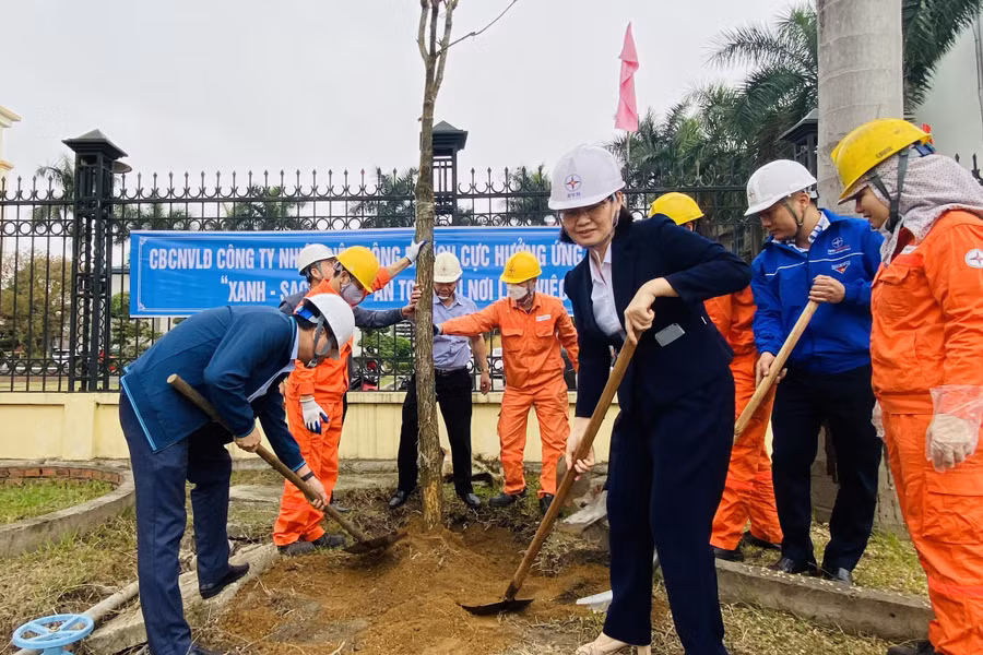 Các đại biểu và CBNV tham gia trồng cây tại Nhà máy Nhiệt điện Uông Bí.