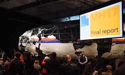 The wreckage of the Malaysia Airlines flight MH17 is exhibited during a presentation of the final report on the cause of the its crash at the Gilze Rijen airbase October 13, 2015. Photograph: Emmanuel Dunand/AFP/Getty Images