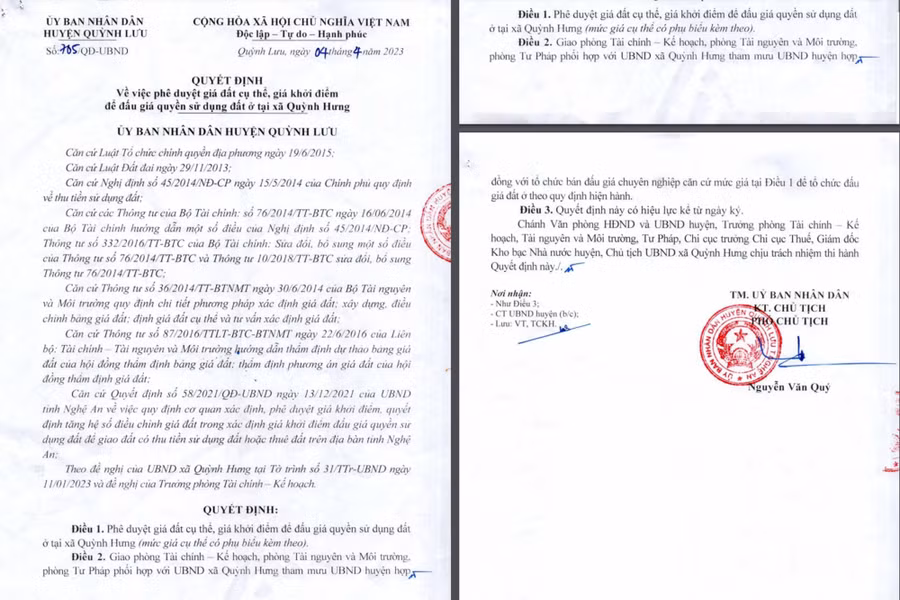 Quyết định phê duyệt giá đất cụ thể, giá khởi điểm do ông Nguyễn Văn Quý, Phó Chủ tịch UBND huyện Quỳnh Lưu ký.