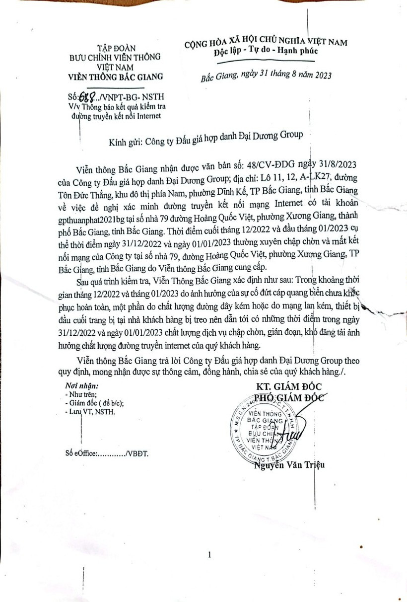 VNPT Bắc Giang có văn bản trả lời về sự cố lỗi đường truyền gửi Công ty đấu giá hợp danh Đại dương Group VNPT Bắc Giang có văn bản trả lời về sự cố lỗi đường truyền gửi Công ty đấu giá hợp danh Đại dương Group