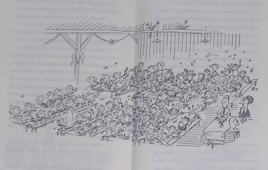 Bức tranh minh họa hài hước trong cuốn sách 'Những kỳ nghỉ của nhóc Nicolas'. Ảnh: Tấn Quyết