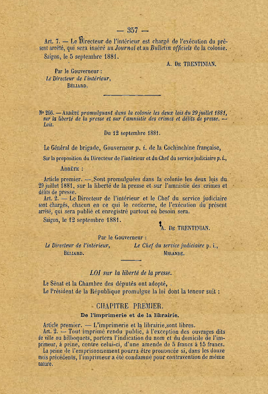 Luật tự do báo chí ban hành tại Nam Kỳ ngày 12/9/1881.