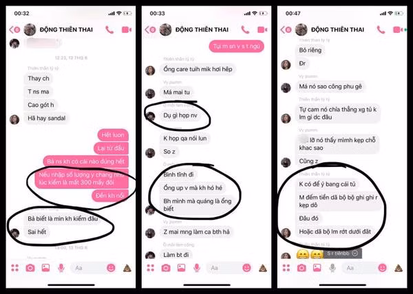 Những tin nhắn trong group chat cho thấy các nhân viên bày mưu tính kế để ăn chặn tiền bán hàng của shop.