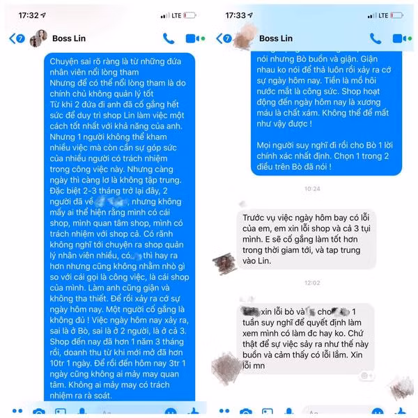Tin nhắn chủ shop chat với các cổ đông xung quanh vụ việc này.