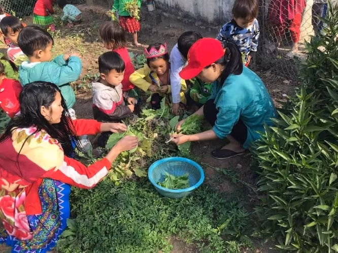 Cô Mỷ (ngoài cùng bên phải) cùng đám trò nhỏ nhặt rau, chuẩn bị cho bữa cơm trưa. Ảnh: Nhân vật cung cấp