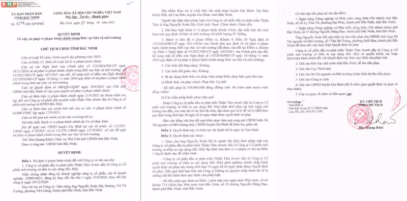 UBND tỉnh Bắc Ninh xử phạt nặng Công ty Thiện Tâm vì vi phạm trong lĩnh vực môi trường.
