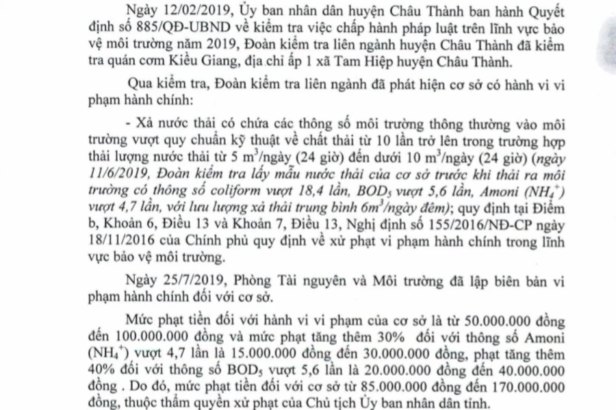 Đoàn kiểm tra liên ngành đã kiểm tra quán cơm Kiều Giang do ông Lưu làm chủ, phát hiện vi phạm.