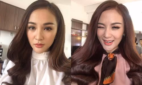 Gương mặt có phần hơi sưng và chiếc cằm méo mó của Kelly cách đây khoảng 2 tháng (trái). Hình ảnh có phần khác biệt so với nhan sắc hiện tại. kelly-lai-vuong-nghi-van-dao-keo-boi-chiec-cam-thon-1