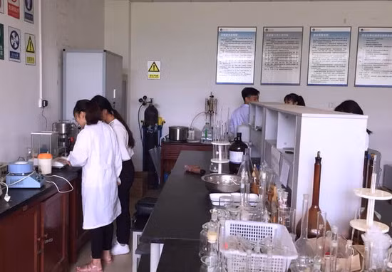 Sinh viên Trường ĐH Khoa học – ĐH Thái Nguyên thực hành tại phòng thí nghiệm Học viện Hồng Hà (Trung Quốc). Ảnh: TNUS
