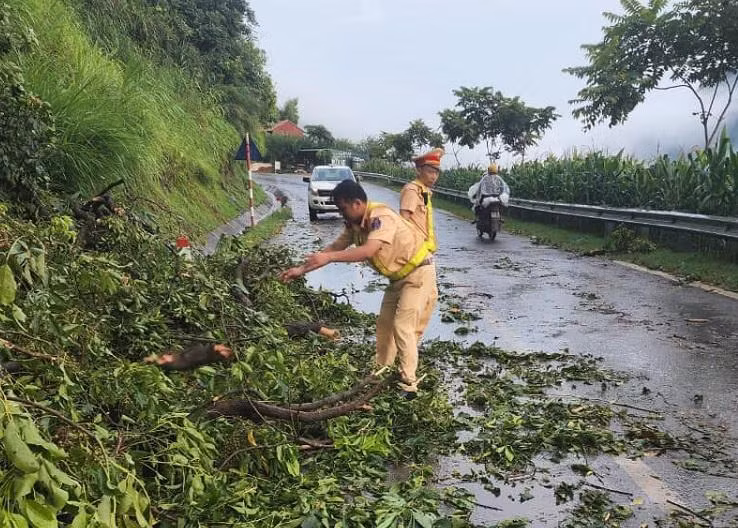 Lực lượng CSGT huyện Bắc Yên dầm mưa dọn dẹp cây cối gãy đổ, gây cản trở giao thông trên QL 37.