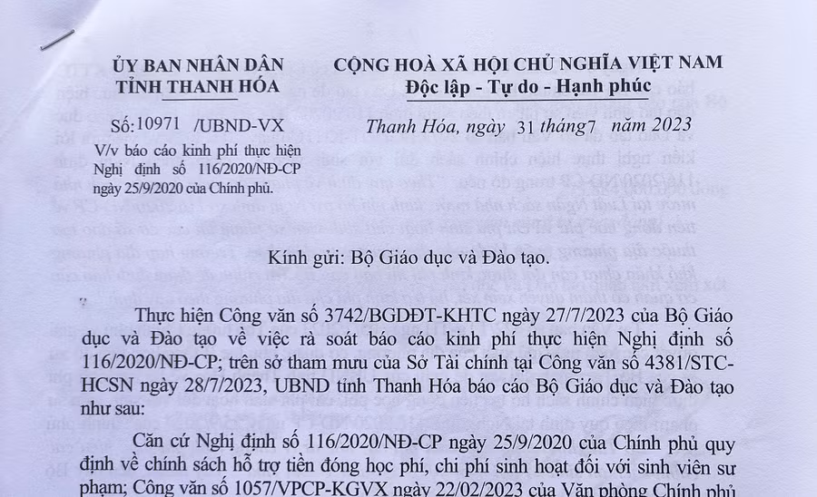 Công văn của UBND tỉnh Thanh Hóa gửi Bộ GD&amp;ĐT.