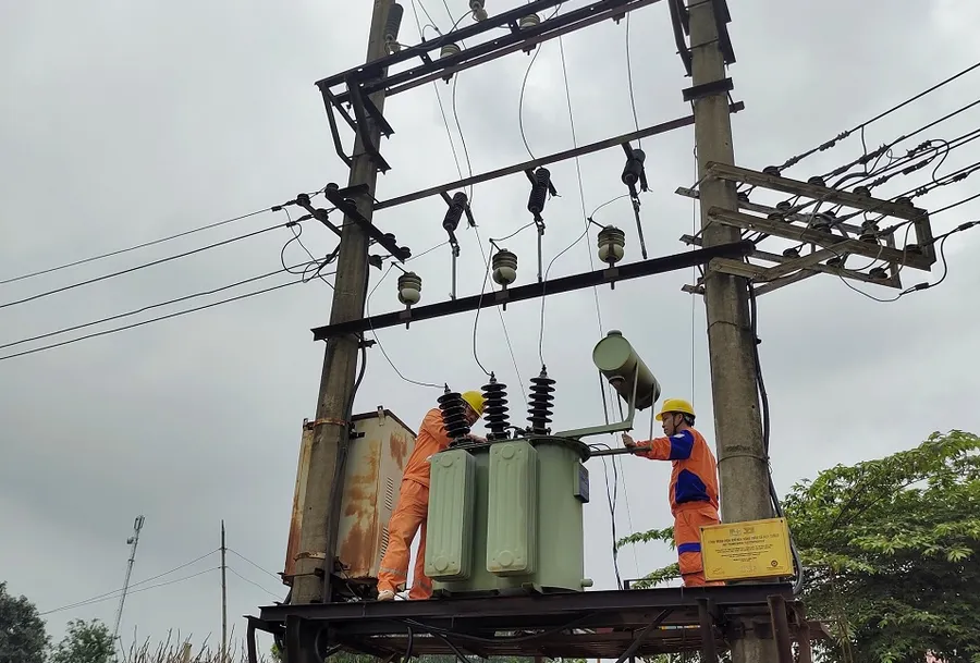 Công nhân điện lực kiểm tra hệ thống đường dây điện.