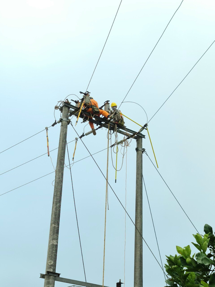 Công nhân điện lực Hòa Bình sửa chữa đường dây điện.