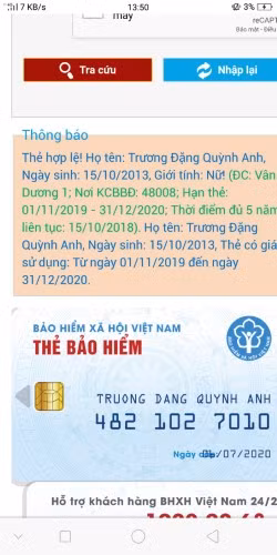 Thông tin thẻ BHYT của HS Trương Đặng Quỳnh Anh trên hệ thống BHXH ở thời điểm sáng ngày 6/7/2020.