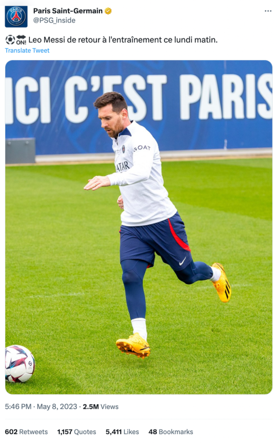 PSG thông báo Messi đã trở lại tập luyện với đồng đội hôm 8/5. PSG thông báo Messi đã trở lại tập luyện với đồng đội hôm 8/5.