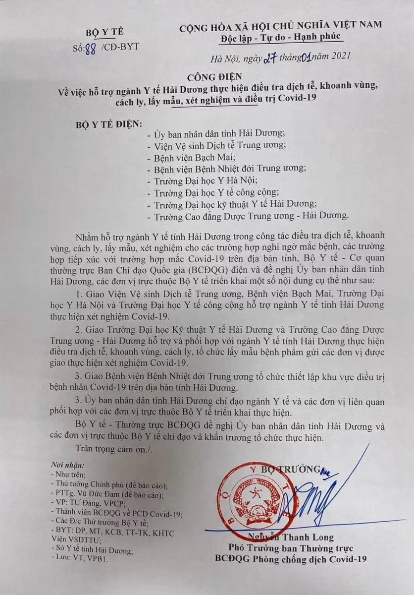 Văn bản chỉ đạo của Bộ Y tế điều động các chuyên gia xét nghiệm của các đơn vị đầu ngành của Bộ Y tế về Hải Dương hỗ trợ công tác xét nghiệm.