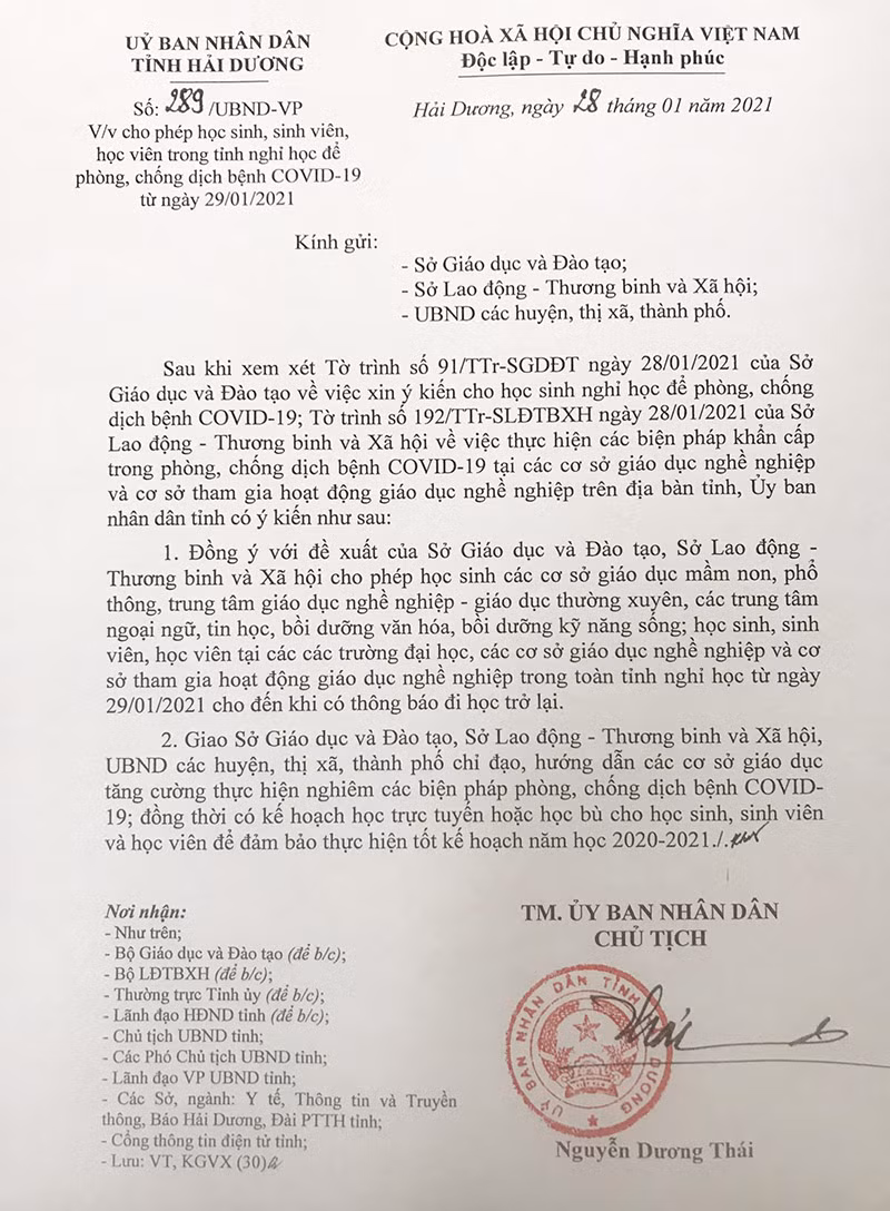 Hải Dương: Tạm dừng nhập cảnh lao động ở nước ngoài, học sinh nghỉ học từ mai 29/1 ảnh 1