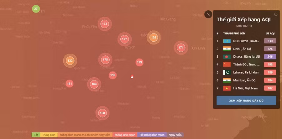 Ảnh chụp màn hình dữ liệu của IQAir AirVisual lúc 10h30 sáng 14/1.