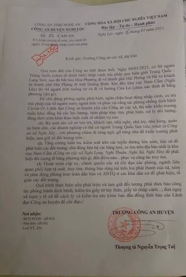 Công văn hỏa tốc tìm 4 người Trung Quốc nhập cảnh trái phép.