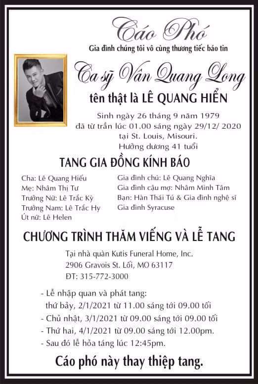 Hàn Thái Tú thông báo lễ tang Vân Quang Long ở Mỹ kéo dài 3 ngày.