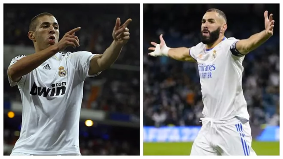 Benzema 12 năm trước và hiện tại trong màu áo Real Madrid.