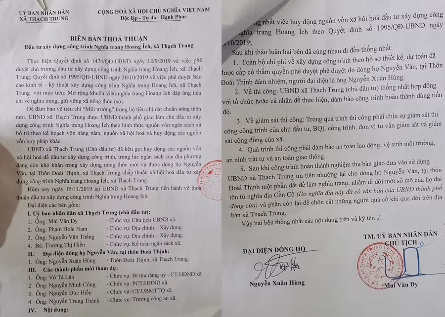 Biên bản thỏa thuận Đầu tư xây dựng công trình nghĩa trang Hoang Ích ngày 15/11/2019 của UBND xã Thạch Trung và dòng họ Nguyễn Văn (thôn Đoài Thịnh).
