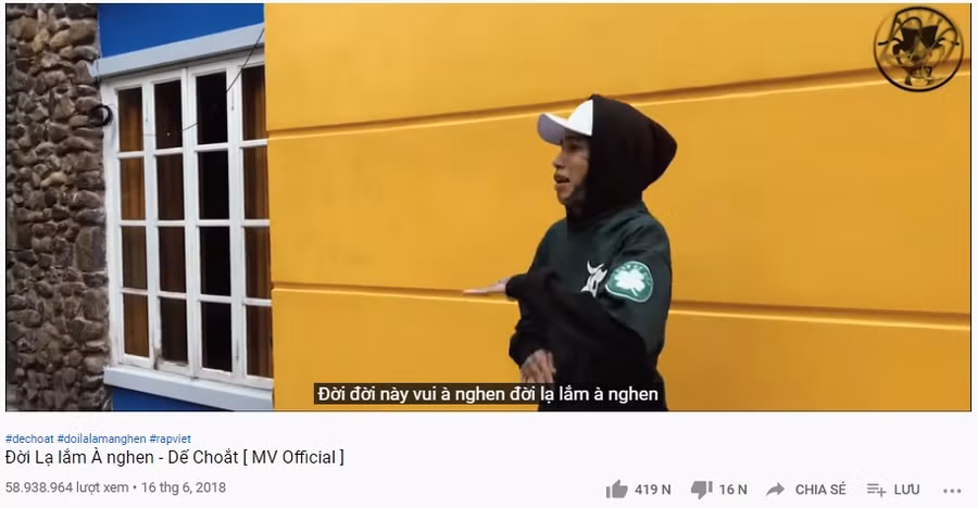 Bài rap hit của Dế Choắt hiện đạt gần 60 triệu lượt xem trên trang youtube của anh. Ảnh chụp màn hình.