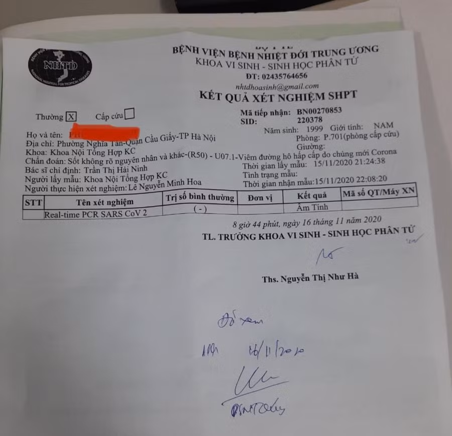 Kết quả xét nghiệm ngày 16/11, cho thấy nam thanh niên Hà Nội có kết quả âm tính với COVID-19.