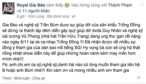 Sao Việt chung tay kêu gọi ủng hộ Duy Nhân chữa ung thư