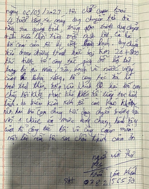 Bức thư mà anh Trần Văn Khánh viết gửi lời cảm ơn đến lượng lượng CSGT công an tỉnh Thừa Thiên - Huế.