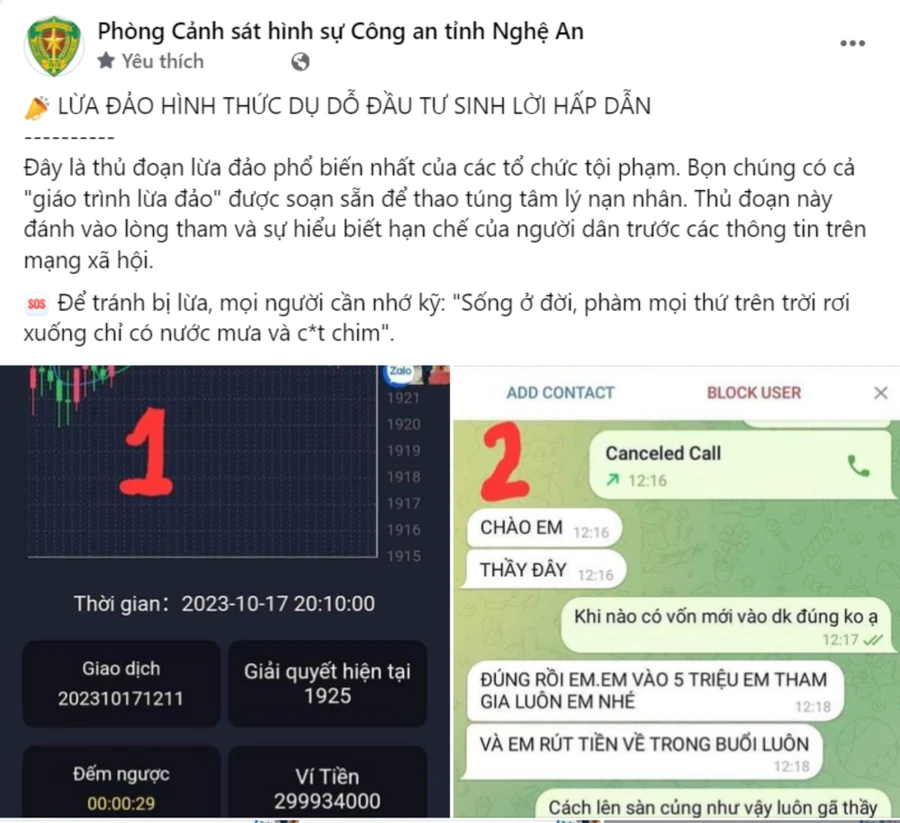 Trang Facebook của Phòng CSHS Công an tỉnh Nghệ An cảnh báo hình thức lừa đảo đầu tư tài chính. Ảnh chụp màn hình