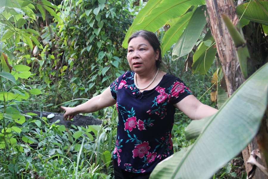 Tảng đá lăn từ trên bãi thải xuống suýt gây bất an cho gia đình bà Phạm Thị Kim.