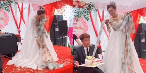 Xuýt xoa cô dâu trẻ đeo đầy vàng, còn được chồng tặng bánh kem "ngập" tiền